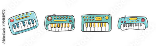 Four colorful cartoon synthesizers with different designs and buttons