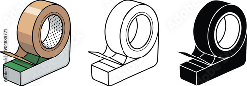 Tape dispenser silhouette & Outline and illustration set isolated on transparent background