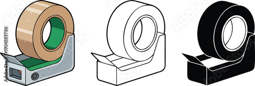 Tape dispenser silhouette & Outline and illustration set isolated on transparent background