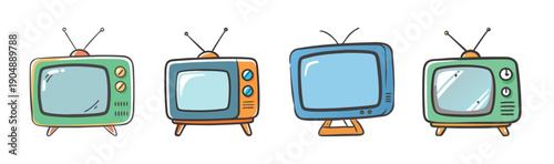 Four retro cartoon televisions with antennas and colorful screens