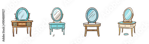 Collection of four vintage vanity tables with mirrors and drawers