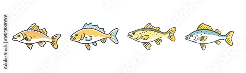 Assortment of four cartoon walleye and freshwater fish illustrations for fishing.