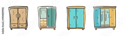 Collection of four hand-drawn cartoon wardrobes in various styles and colors.