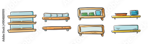 Various cartoon wooden wall shelves and display units for home decor.