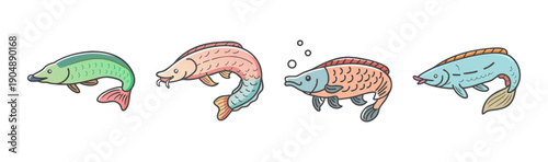 Four cartoon arapaima fish with unique colors and patterns, aquatic creatures
