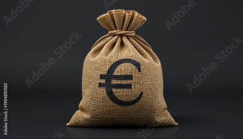 A burlap money sack tied with rope, featuring a bold euro symbol on the front, isolated on a dark background, showing fabric texture, finance concept, savings, currency, and wealth