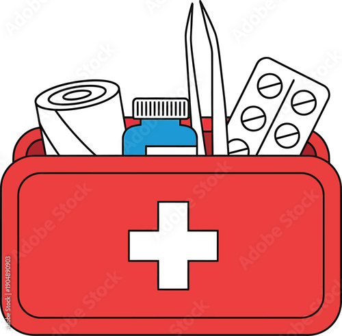 A red first aid kit box filled with medical supplies including bandages, pills, and tweezers.