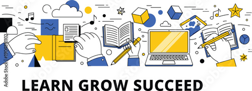 Education and personal development concept illustration with hands, books, pencils, laptop, learning icons, creativity, innovation, growth, success