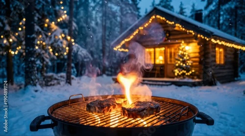 Grilling Juicy Steaks near a Cozy Cabin, Snowy Forest Setting, Festive Atmosphere