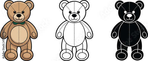 Teddy bear silhouette & Outline and illustration set isolated on transparent background
