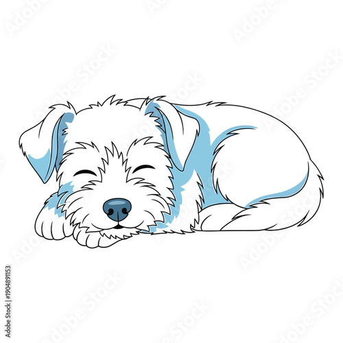 Illustration of a cute white scruffy puppy sleeping peacefully on a white background