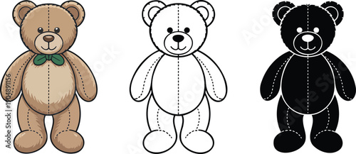 Teddy bear silhouette & Outline and illustration set isolated on transparent background