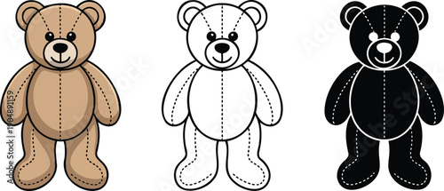 Teddy bear silhouette & Outline and illustration set isolated on transparent background