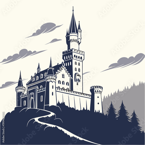 Majestic castle perched on a hilltop with a winding path leading to its grand entrance.