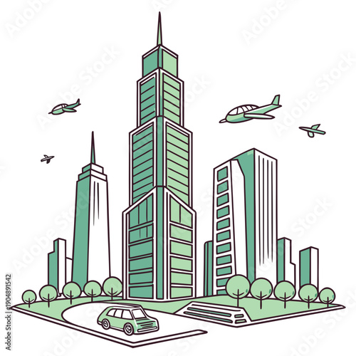 A bustling cityscape with tall buildings and airplanes flying overhead.