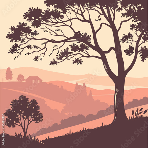 A serene landscape at sunset with silhouetted trees and a distant village
