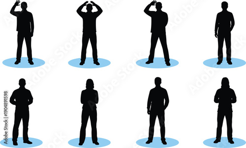 Vector collection of eight black silhouettes of people standing on blue floor markers representing social distancing or waiting in queue.v