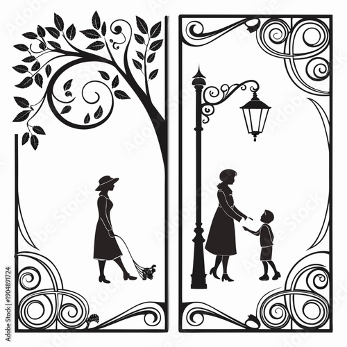 A mysterious couple walking under a tree with a clock in the background