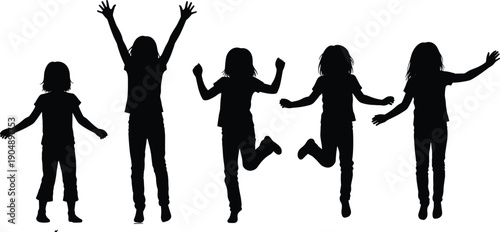 Black vector silhouette illustration of five happy children jumping, playing, and cheering with pure joy isolated on a white background.