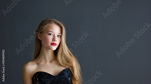 elegant blonde woman in black evening gown at prom, nordic fashion portrait with studio lighting, formal prom night beauty editorial