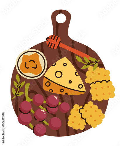 A delicious cheeseboard. Cheese slices, fruit, olives, grapes. Festive appetizers.