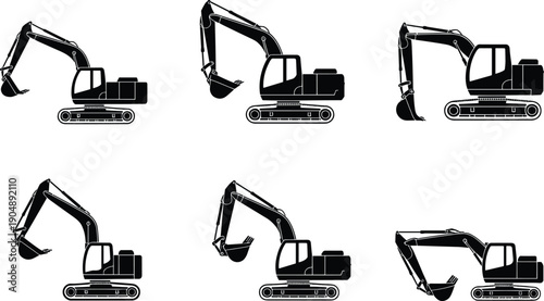 Set of heavy excavator silhouette icons for construction industry earthmoving machinery industrial building projects and civil engineering equipment vector design elements