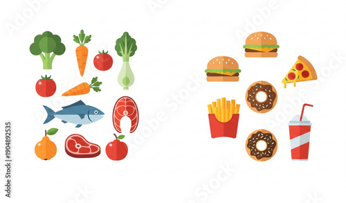 Healthy and Junk Food Comparison Flat Vector Icon Illustration Concept