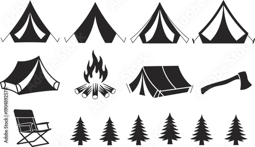 Set of camping silhouette icons with tents campfire axe and pine trees for outdoor adventure forest recreation and summer tourism