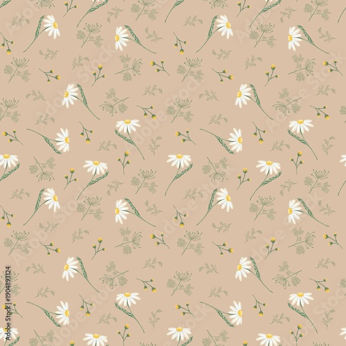seamless pink green pattern with camomile and dill, wild flowers, print for fabric, textile, wrapping paper 