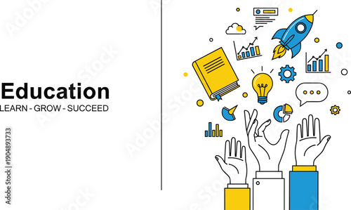 Education concept illustration with raised hands, learning icons, growth success, innovation, knowledge design, global education, academic achievement, creative study tools