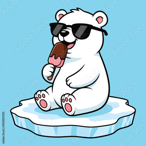 Cute and playful flat vector illustration of a happy polar bear wearing sunglasses while eating an ice cream on a floating ice floe