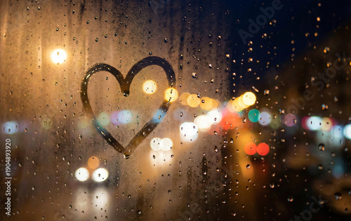 Heart Shape Drawn on Foggy Window Glass with Raindrops and City Bokeh Lights at Night.