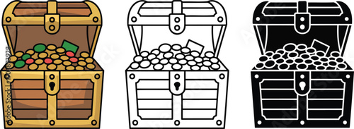 Treasure chest flower silhouette & Outline and illustration set isolated on transparent background