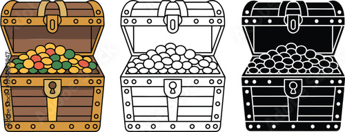 Treasure chest flower silhouette & Outline and illustration set isolated on transparent background