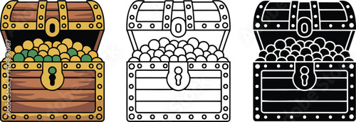 Treasure chest flower silhouette & Outline and illustration set isolated on transparent background