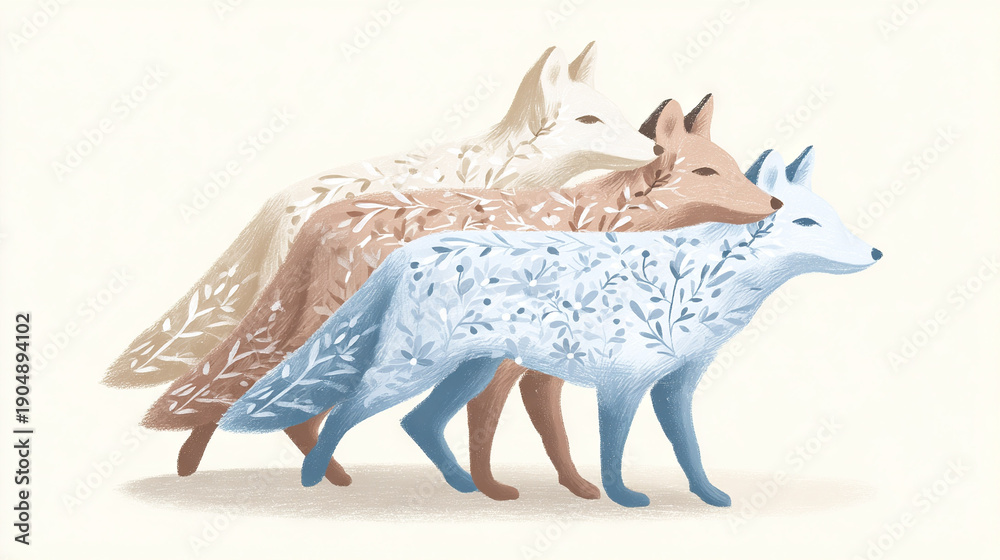 Fototapeta premium Two foxes walking together in a forest with leaf pattern