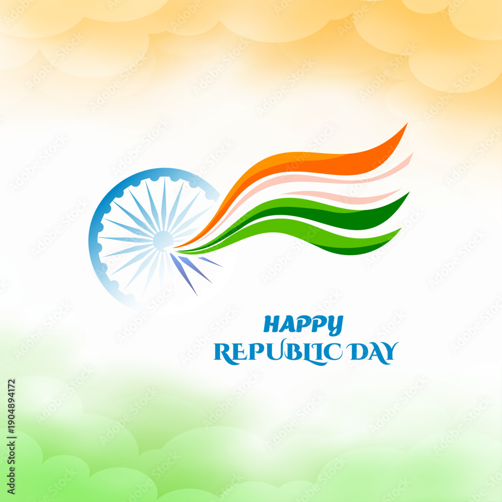 Obraz premium Republic Day celebration vector featuring tricolor wave ribbon and Ashoka Chakra with soft cloud background, patriotic illustration ideal for national events, posters, banners, greetings, and digital 