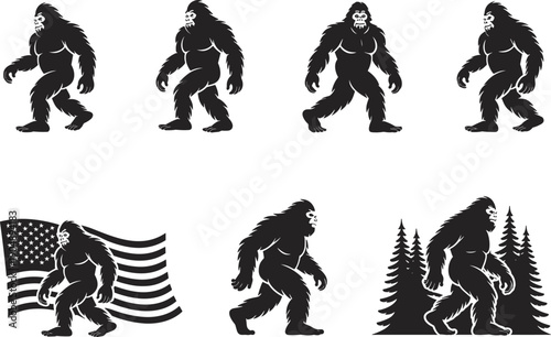 Bigfoot sasquatch silhouette icon set with mythical forest creature in various walking poses american flag and pine trees vector design