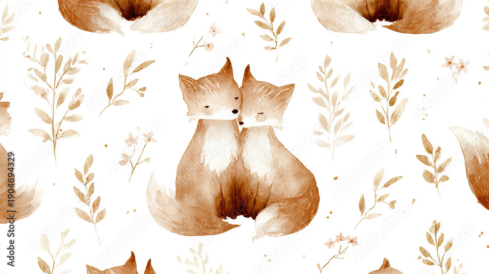 Fototapeta premium Two Foxes Sitting Together in Watercolor Style