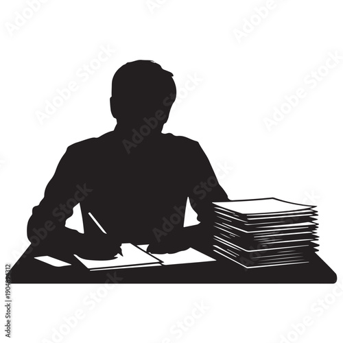 Silhouette of a person working at a desk with papers