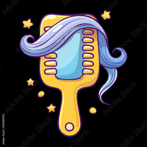 Yellow hairbrush with purple hair for beauty salon and hair care graphic asset