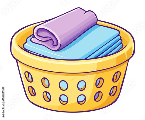 Yellow laundry basket with blue towels for housekeeping and laundry routine graphic asset