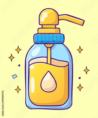 Glass soap bottle with liquid drop for bathroom and personal hygiene graphic asset