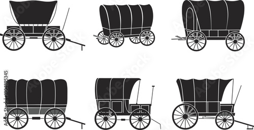 Set of vintage covered wagon silhouette icons for wild west pioneer history transportation and old western frontier carriage vector design