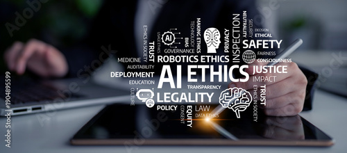 Billede på lærred This image showcases the key concepts surrounding artificial intelligence ethics, highlighting themes of safety, legality, transparency, and social impact in modern society