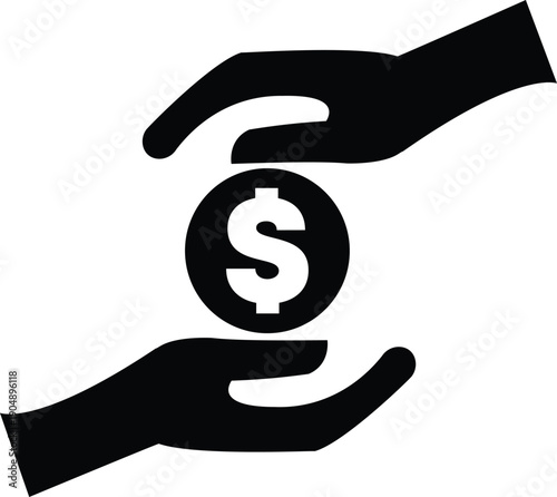 Hands passing dollar coin for payment transaction and financial aid symbol.