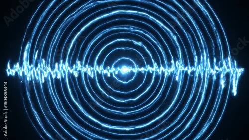 Abstract image of concentric glowing blue circles around a waveform against a dark background