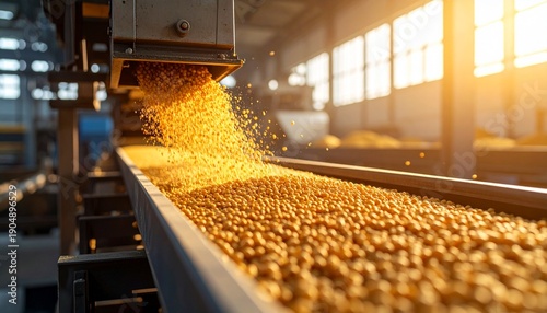 Industrial machinery pours golden soybeans onto a conveyor belt in a food processing factory. Agricultural production, food manufacturing, and grain processing concept.
