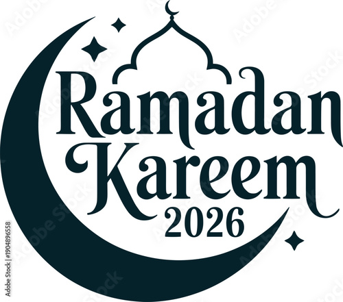 Ramadan kareem 2026 greeting with crescent moon and mosque dome illustration Vector