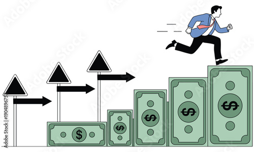 Businessman running up stairs made of money bills towards success, directional signs indicating progress, stock media